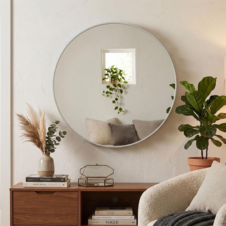 Wall Mirror - Round - White - Glass and Metal - 90cm x 3cm