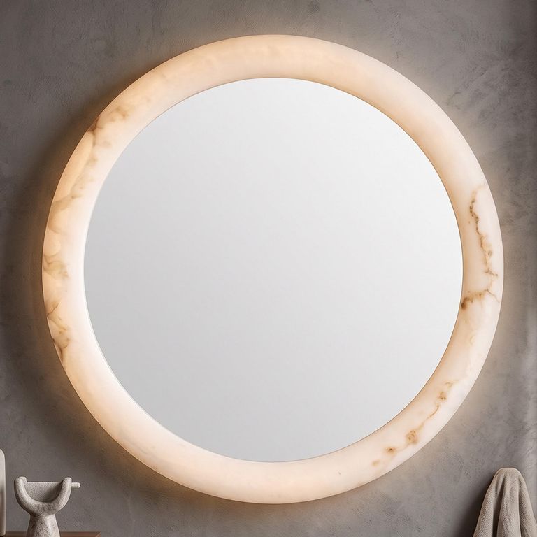 Oravelle Wall Mirror - with Lighting - Round - White - Resin and Metal - 80cm x 80cm