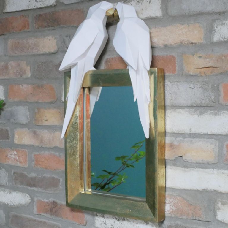 Love Birds Wall Mirror - Antique Gold and White - Resin - 32cm x 60cm