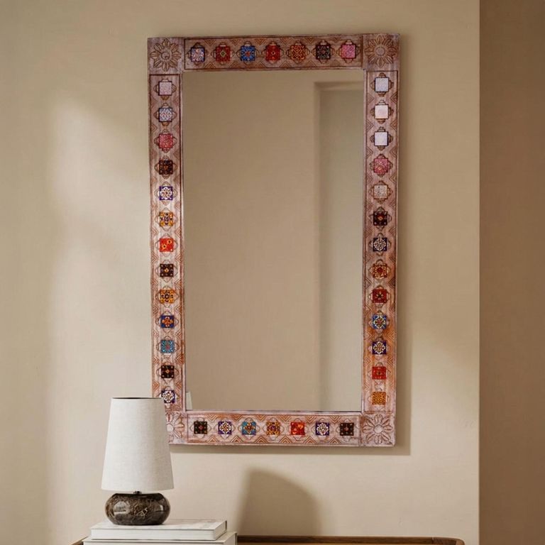 Carved Wall Mirror - Mosaic Inlay - Natural - Wooden - 90cm x 150cm