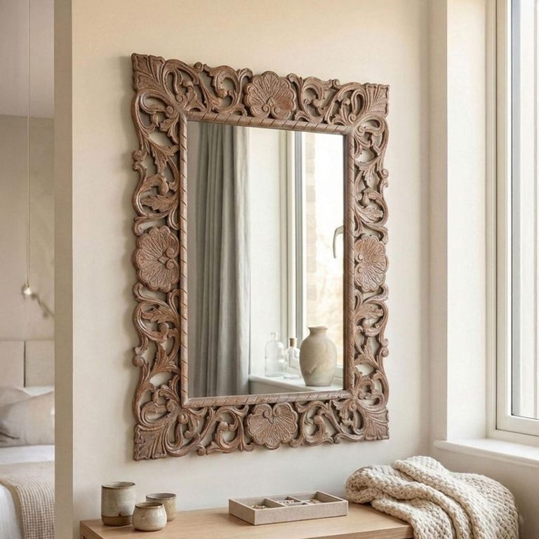 Distressed Carved Wall Mirror - Ornate Design - Natural - Wooden - 119cm x 153cm