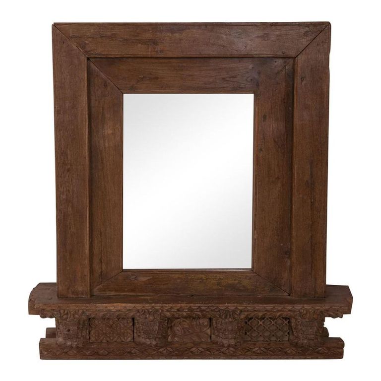 Carved Wall Mirror - Dark Brown - Wooden - 90cm x 100cm