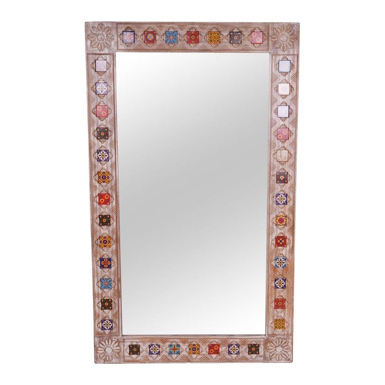 Carved Wall Mirror - Mosaic Inlay - Natural - Wooden - 90cm x 150cm