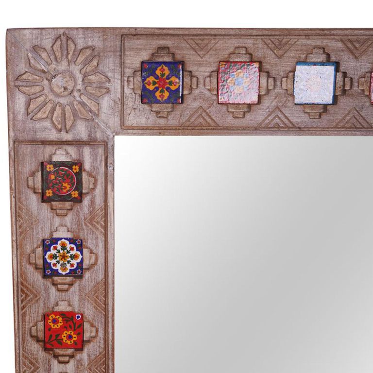 Carved Wall Mirror - Mosaic Inlay - Natural - Wooden - 90cm x 150cm