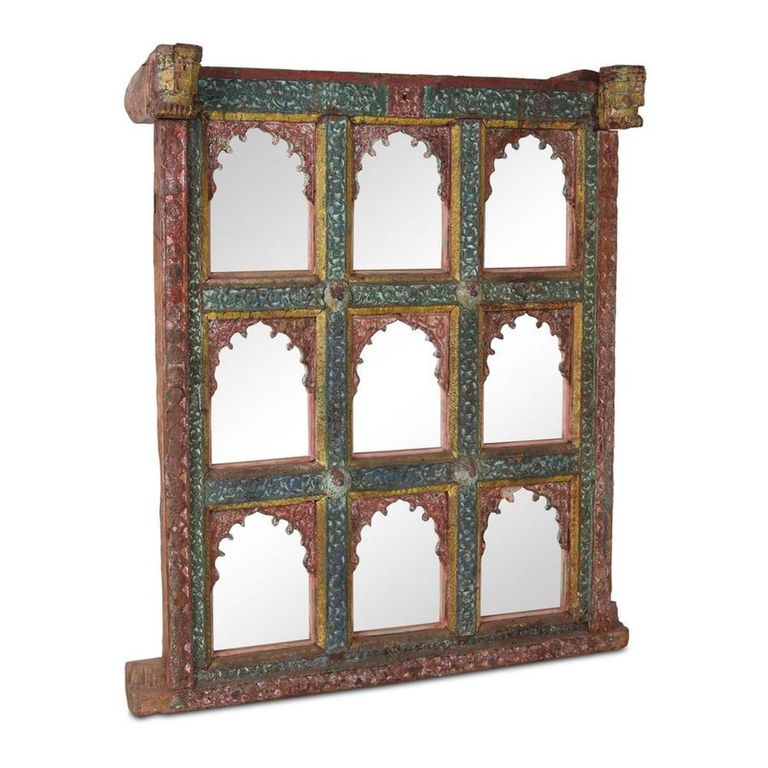 Distressed Carved Wall Mirror - Multi-Color - Wooden - 140cm x 157cm
