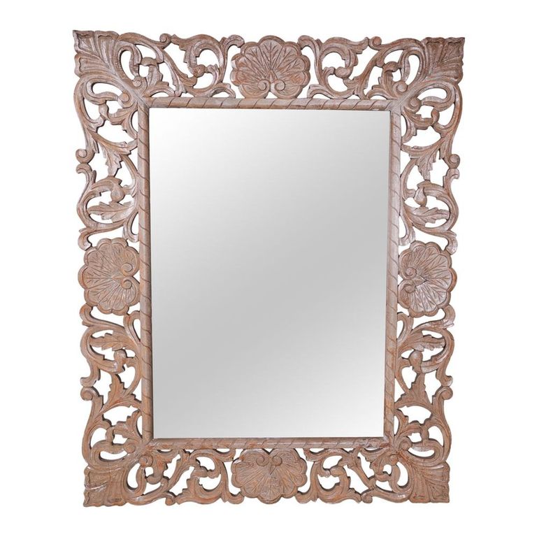 Distressed Carved Wall Mirror - Ornate Design - Natural - Wooden - 119cm x 153cm