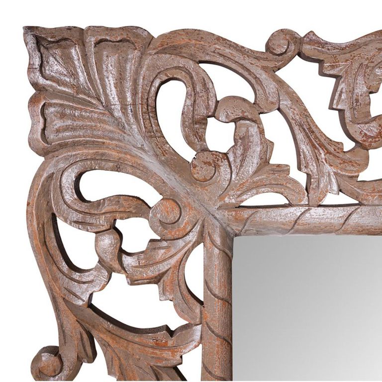 Distressed Carved Wall Mirror - Ornate Design - Natural - Wooden - 119cm x 153cm