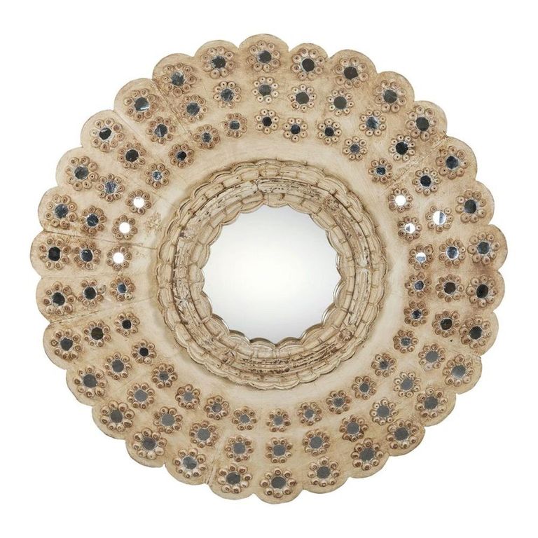 Wall Mirror - Round - Ornate Design - Sand - Teak Wood - 76cm x 76cm