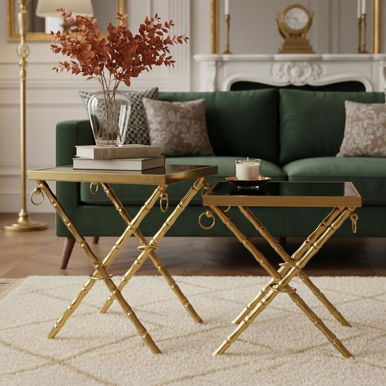 Arezzo Nest of 2 Tables - Square - Black Glass and Gold Metal