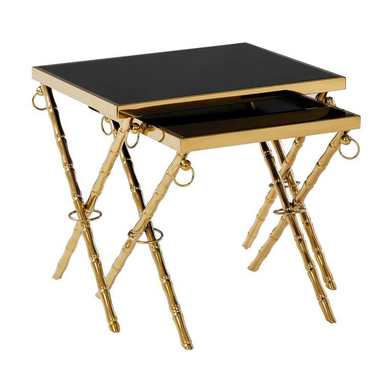 Arezzo Nest of 2 Tables - Square - Black Glass and Gold Metal