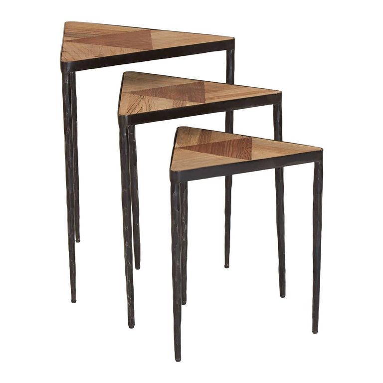 Elmo Nest of 3 Tables - Triangular - Textured Elm Wood and Metal