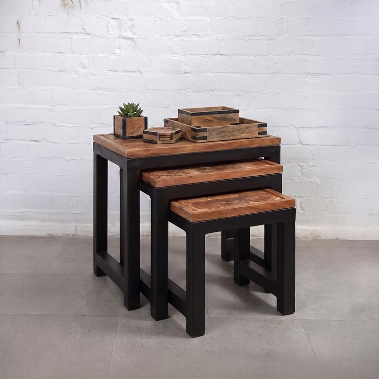 Artisan Nest of 3 Tables - Acacia Wood with Metal Base