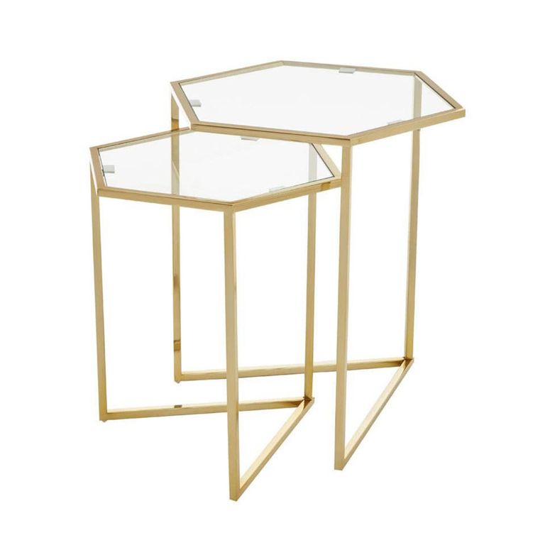 Herber Nest of 2 Tables - Hexagon - Clear Glass with Gold Metal