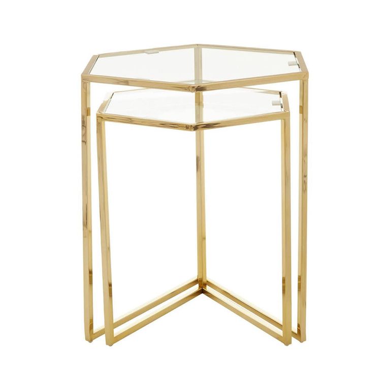 Herber Nest of 2 Tables - Hexagon - Clear Glass with Gold Metal
