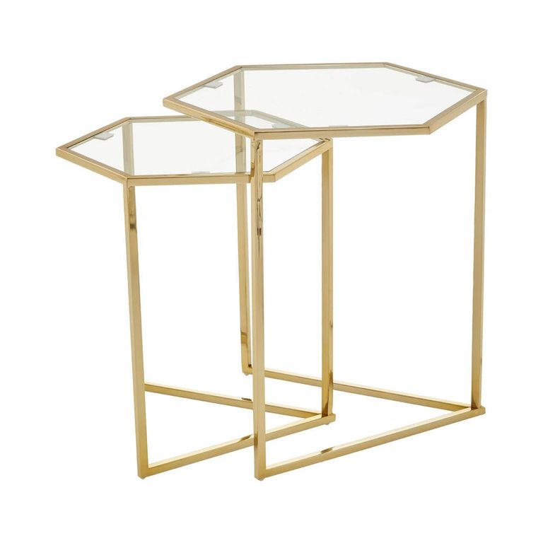 Herber Nest of 2 Tables - Hexagon - Clear Glass with Gold Metal