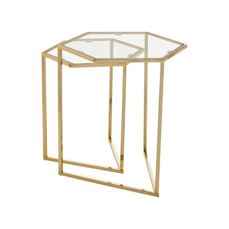 Herber Nest of 2 Tables - Hexagon - Clear Glass with Gold Metal