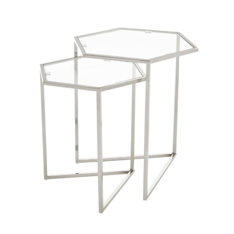 Herber Nest of 2 Tables - Hexagon - Clear Glass with Silver Metal