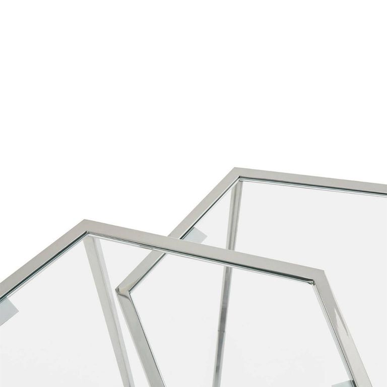 Herber Nest of 2 Tables - Hexagon - Clear Glass with Silver Metal