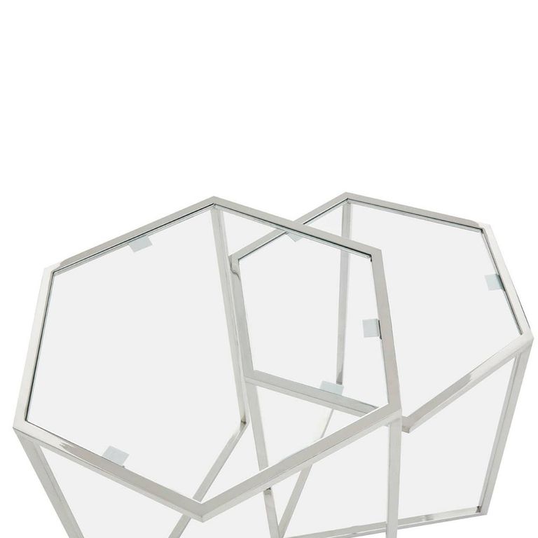 Herber Nest of 2 Tables - Hexagon - Clear Glass with Silver Metal