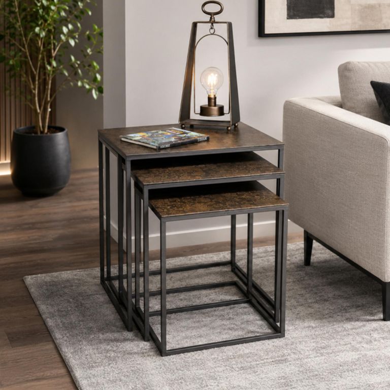 Brown Floral Metal Nest of Tables - Set of 3