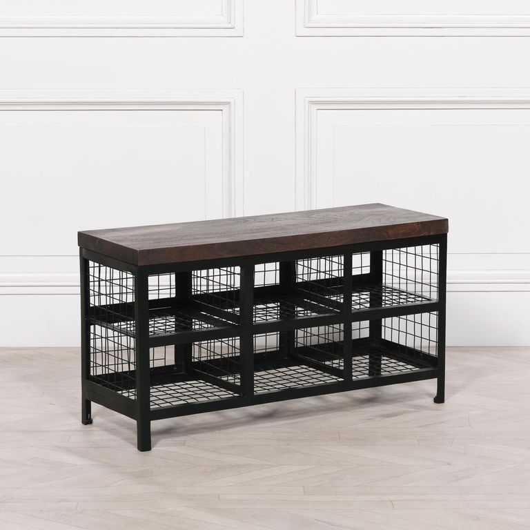 Shoe Rack Bench - Wooden Top and Black Metal