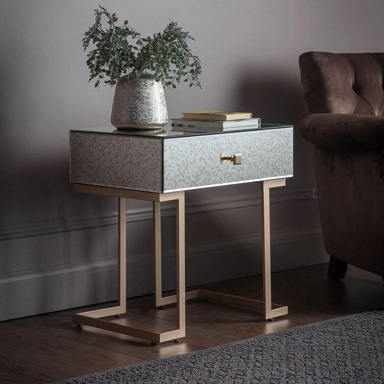 Clearance - Amberley Aged Side Table - 1 Drawer - Mirrored and Brushed Brass - A565