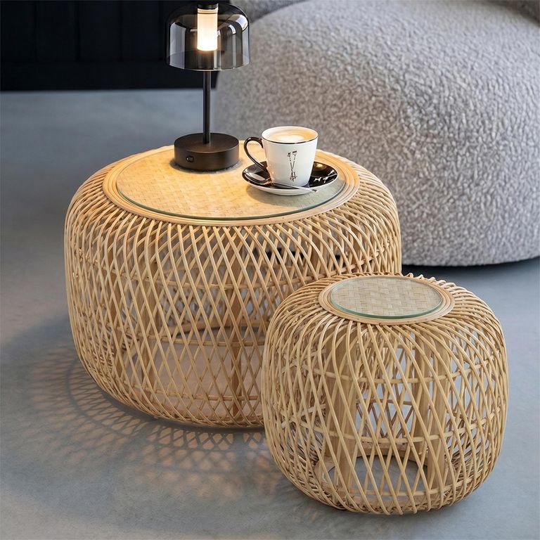 Africa Accent Table - Round - Set of 2 - Glass Top - Natural Rattan - Bamboo Wood