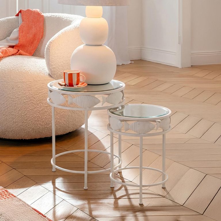 Fish Side Table - Round - Set of 2 - White - Glass and Metal