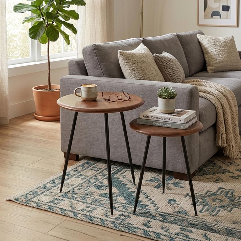 Neo Side Table - Round - Set of 2 - Natural and Black - Rubber Wood
