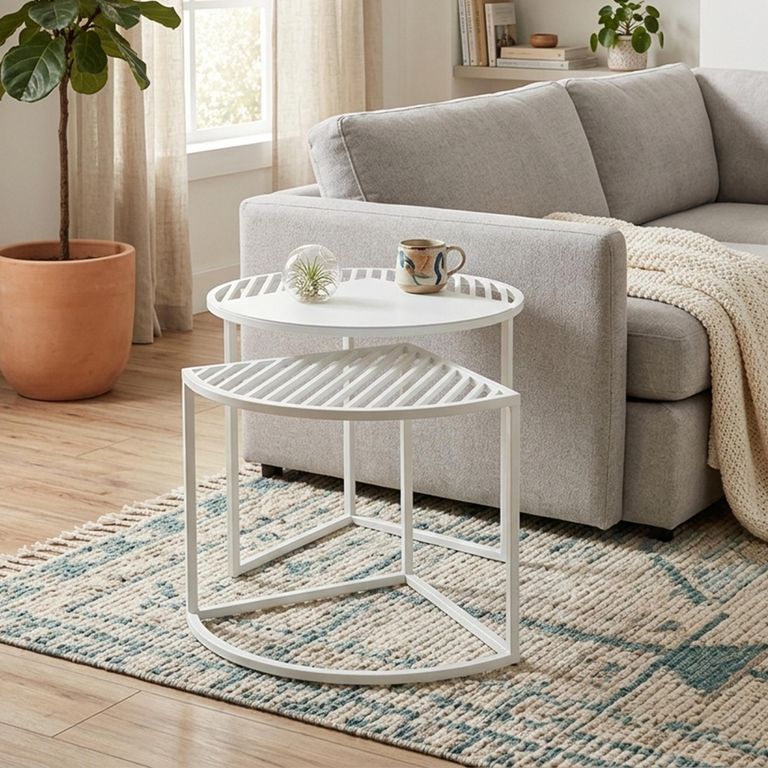 Outdoor Side Table - Round - 2 Tier - White Metal