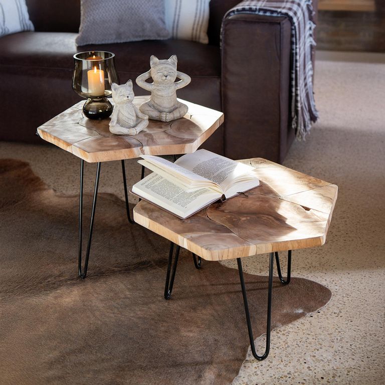 Side Table - Hexagon - Set of 2 - Hairpin Leg - Natural - Teak Wood and Metal