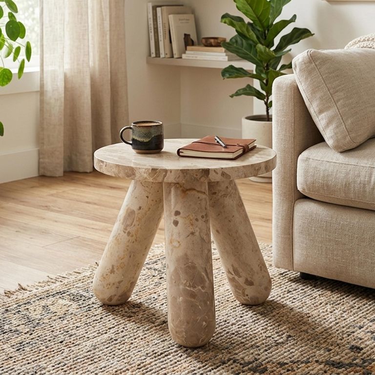 Side Table - Round - Beige Marble