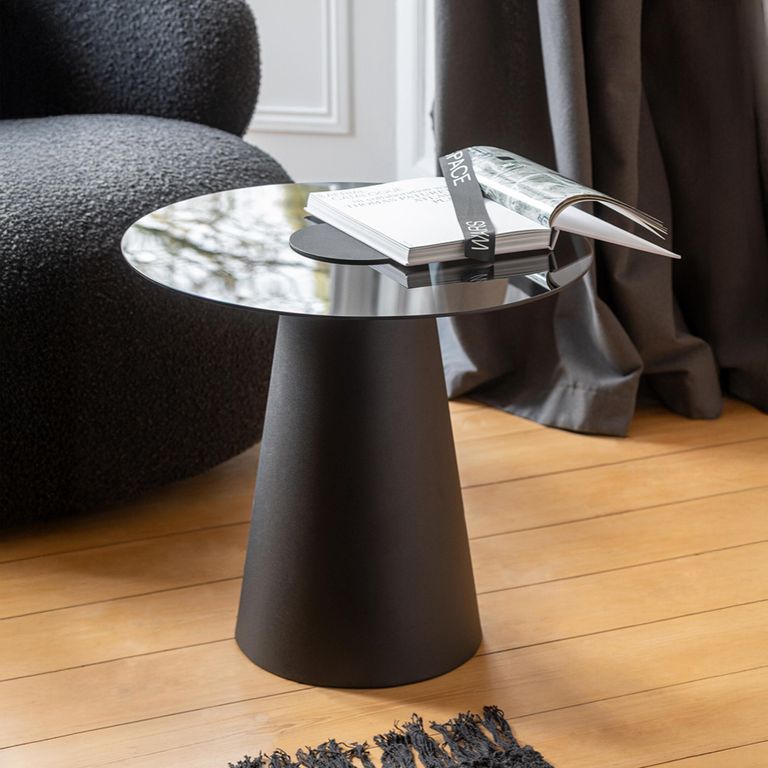 Side Table - Round - Flat Cap Cone - Black - Glass and Metal