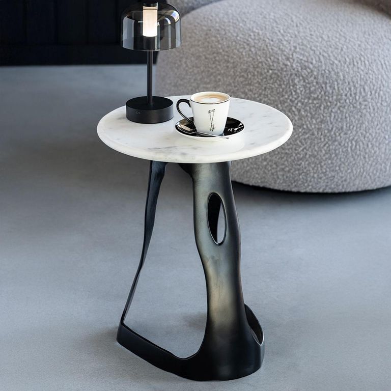 Side Table - Round - Large - White and Black - Marble and Aluminium