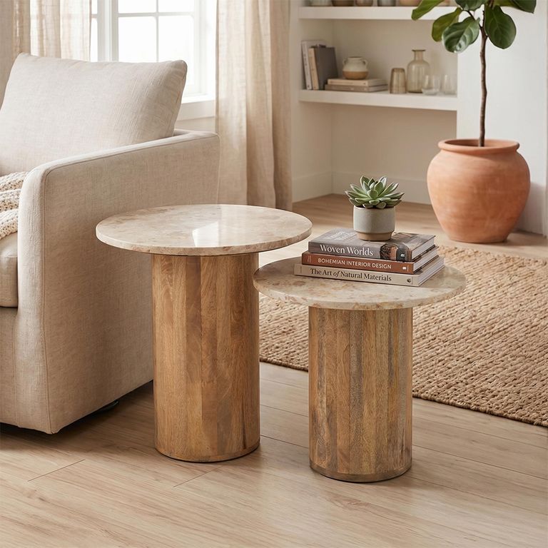 Side Table - Round - Set of 2 - Beige and Brown - Marble and Wood