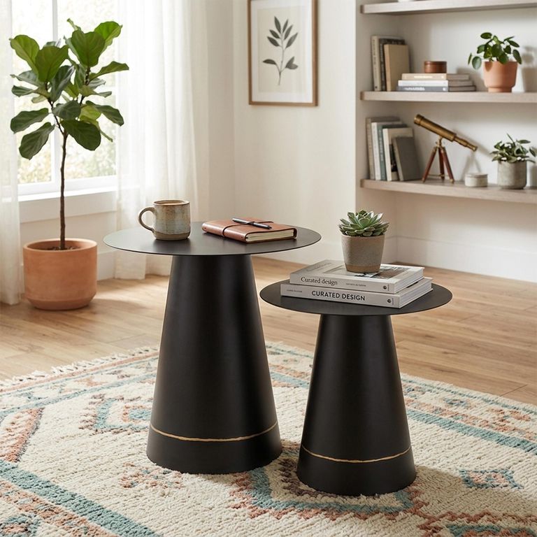 Side Table - Round - Set of 2 - Cone Base - Black and Gold - Metal