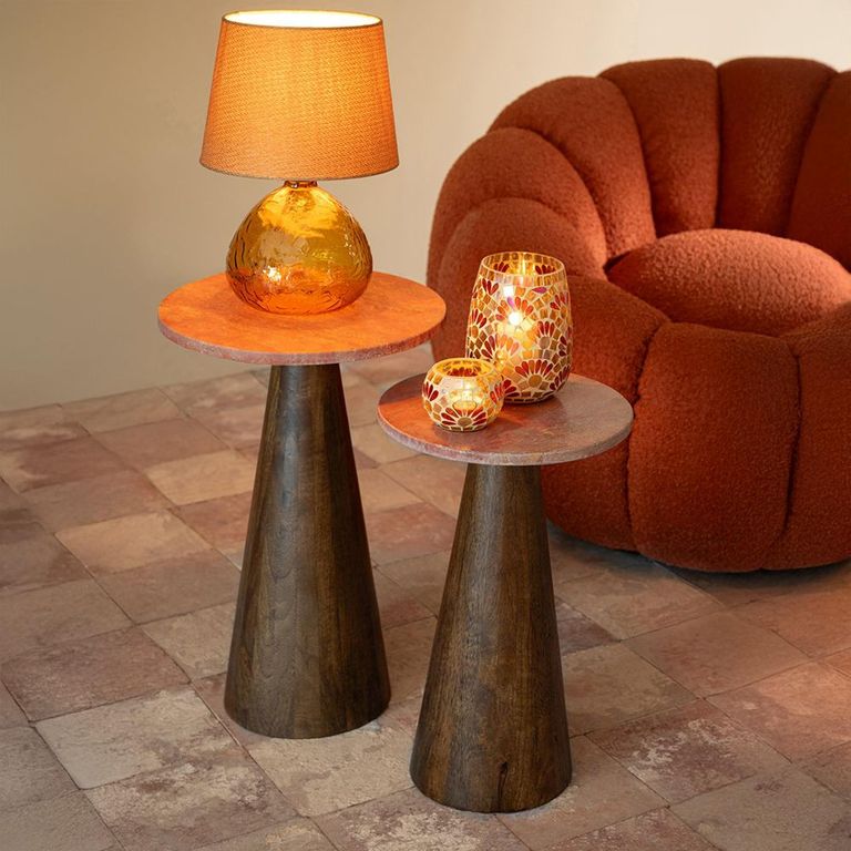 Side Table - Round - Set of 2 - Conical Base - Terracotta and Dark Brown - Marble and Wood