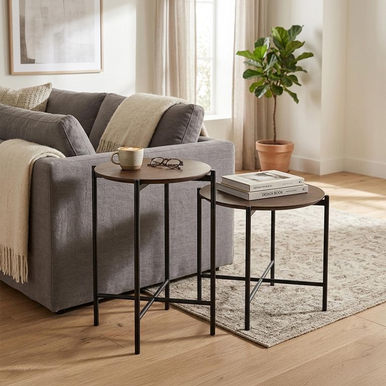 Side Table - Round - Set of 2 - Dark Brown Metal