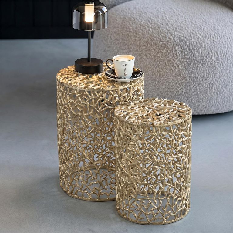 Side Table - Round - Set of 2 - Gold Fretwork - Aluminium