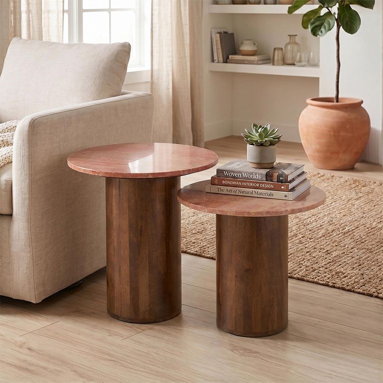 Side Table - Round - Set of 2 - Terracotta and Brown - Marble and Wood