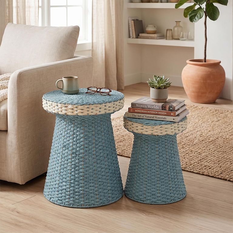 Side Table - Round - Set of 2 - Woven Design - Light Blue and White