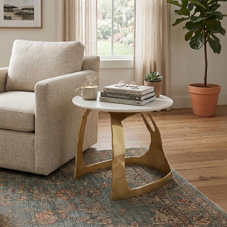 Side Table - Round - Small - White and Gold - Marble and Aluminium