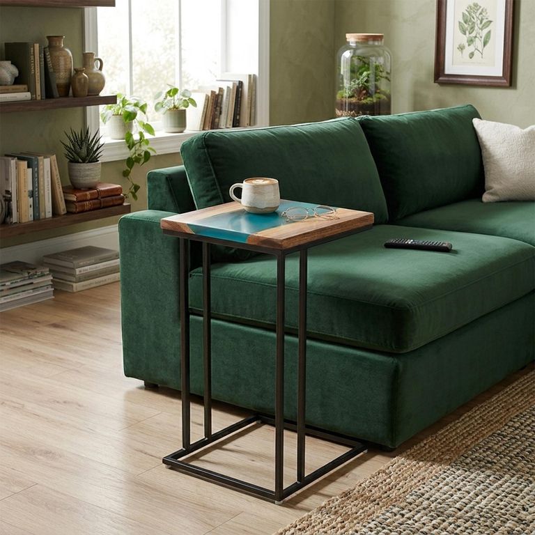 Side Table - Square - Natural and Blue - Acacia Wood and Metal