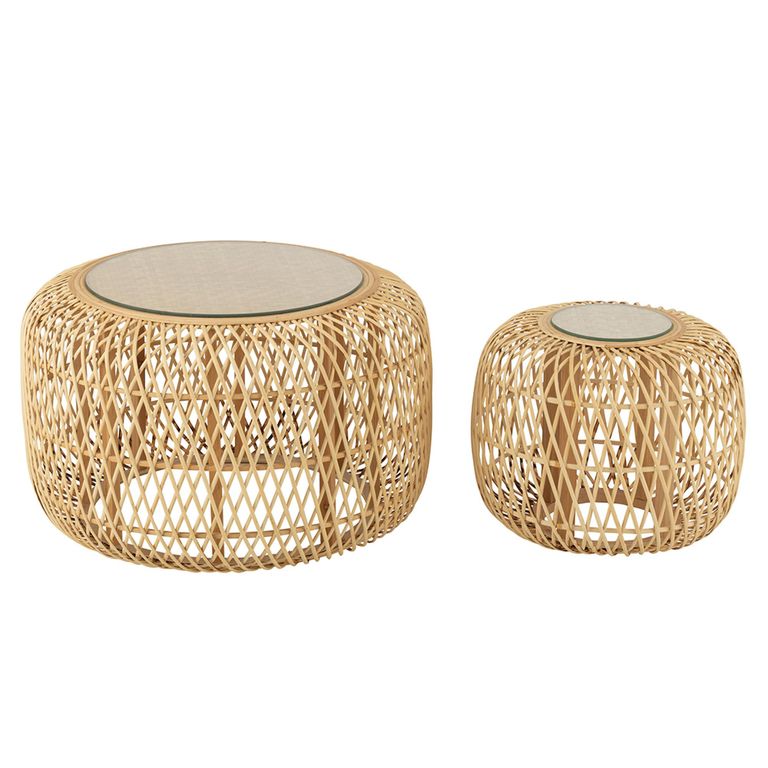 Africa Accent Table - Round - Set of 2 - Glass Top - Natural Rattan - Bamboo Wood