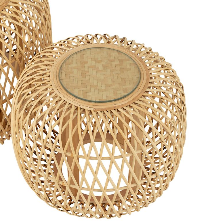 Africa Accent Table - Round - Set of 2 - Glass Top - Natural Rattan - Bamboo Wood