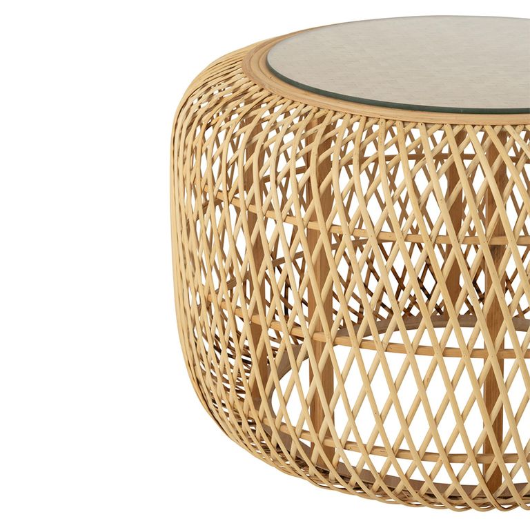 Africa Accent Table - Round - Set of 2 - Glass Top - Natural Rattan - Bamboo Wood