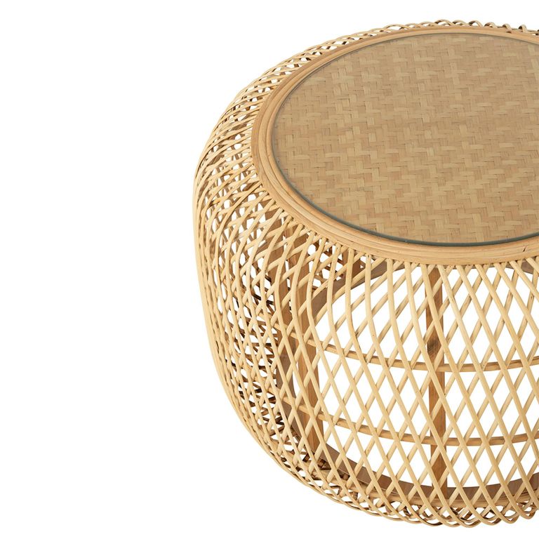 Africa Accent Table - Round - Set of 2 - Glass Top - Natural Rattan - Bamboo Wood