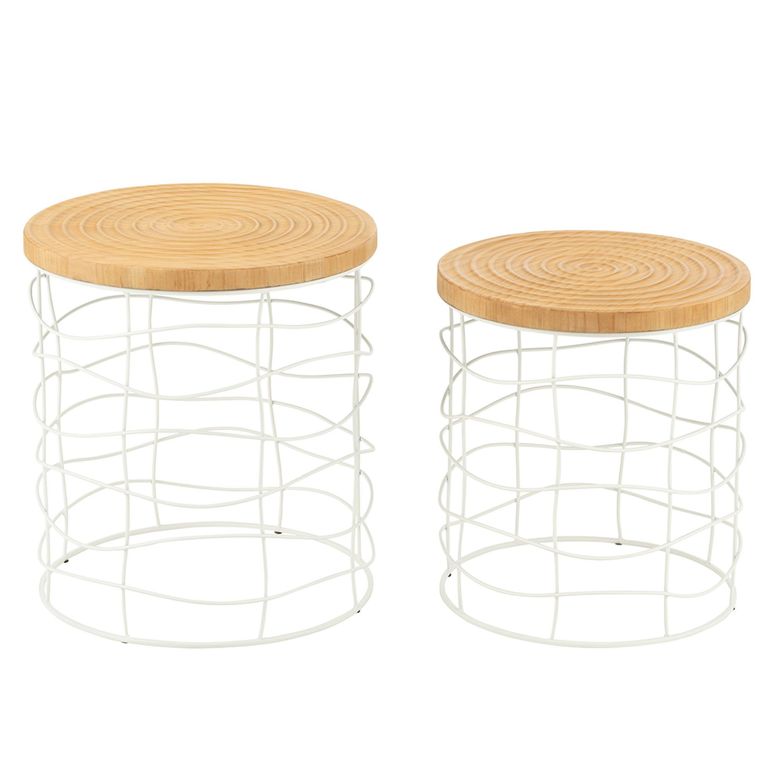 Carving Side Table - Round - Set of 2 - Natural and White - Pine Wood and Metal