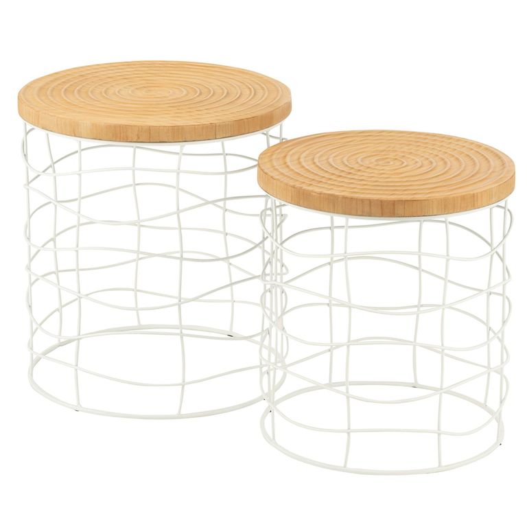Carving Side Table - Round - Set of 2 - Natural and White - Pine Wood and Metal
