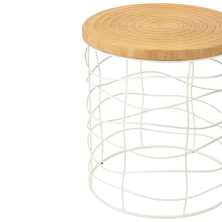 Carving Side Table - Round - Set of 2 - Natural and White - Pine Wood and Metal